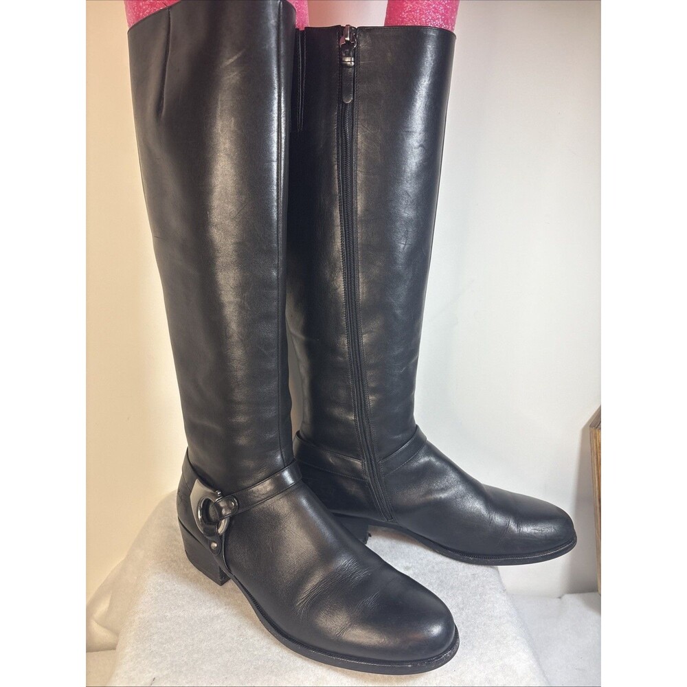 Via Spiga Kacey Black Leather Tall Riding Boots Harness Ring Equestrian Sz 9 1/2